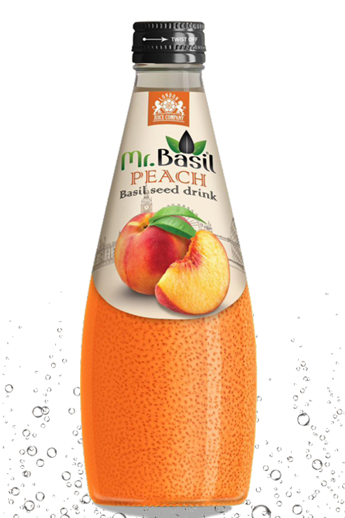 Peach basil seed drink in 290ml glass bottle with orange beverage