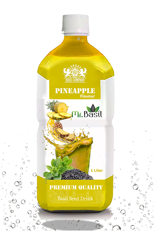 Pineapple basil seed drink in 1 liter bottle with bright yellow color