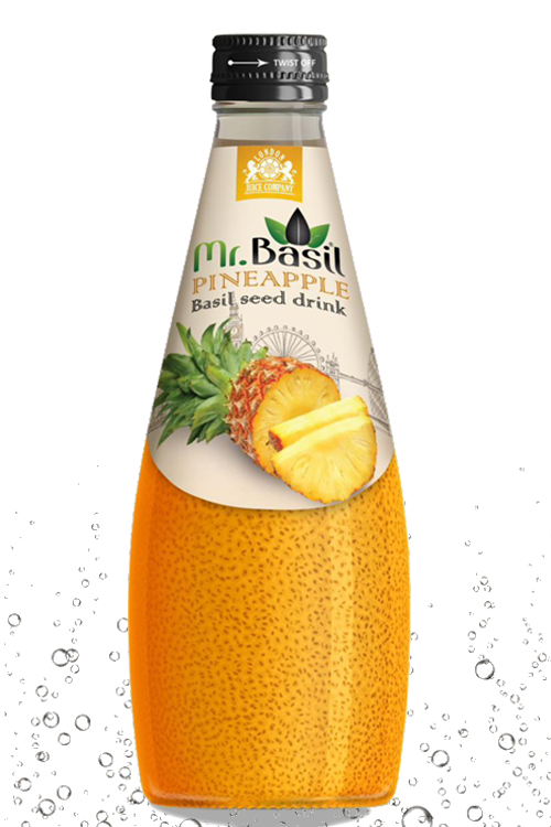 Pineapple basil seed drink in 290ml glass bottle with orange beverage