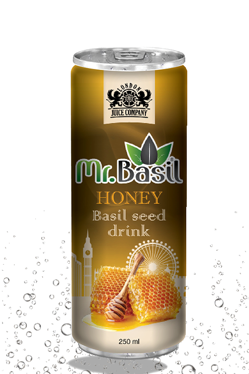 Honey basil seed drink in 250ml can with golden design