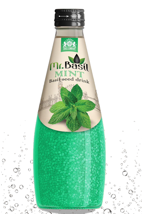 Mint basil seed drink in 290ml glass bottle with bright green beverage