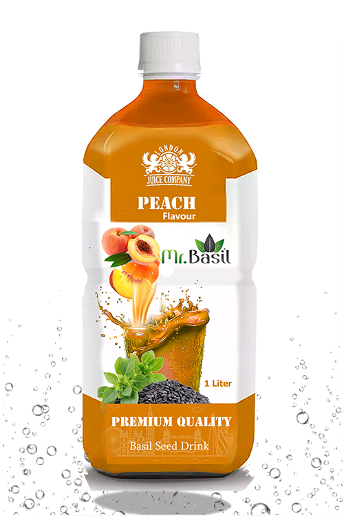 Peach basil seed drink in 1 liter bottle with orange color
