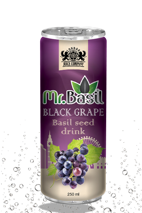 Black grape basil seed drink in 250ml can with purple design