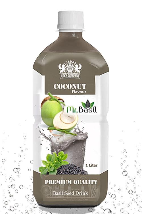 Coconut basil seed drink in 1 liter bottle with grey color