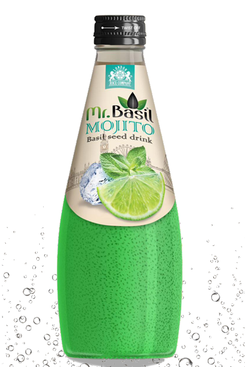 Mojito basil seed drink in 290ml glass bottle with green beverage