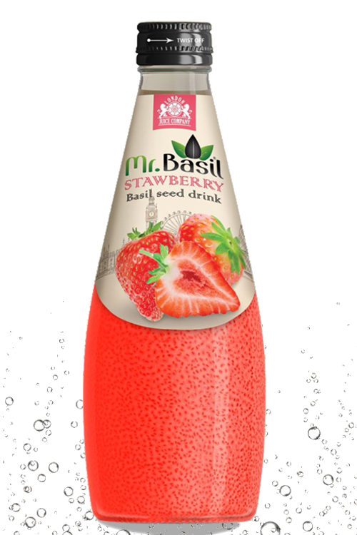 Strawberry basil seed drink in 290ml bottle with red-orange liquid and visible seeds