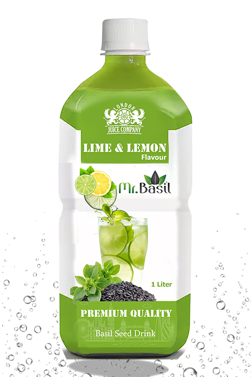 Lime and lemon basil seed drink in 1 liter bottle with light green color