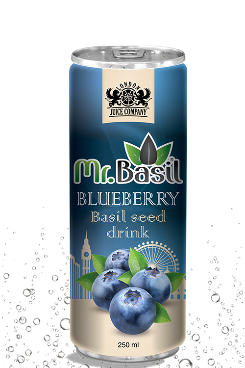 Blueberry basil seed drink in 250ml can with blue design