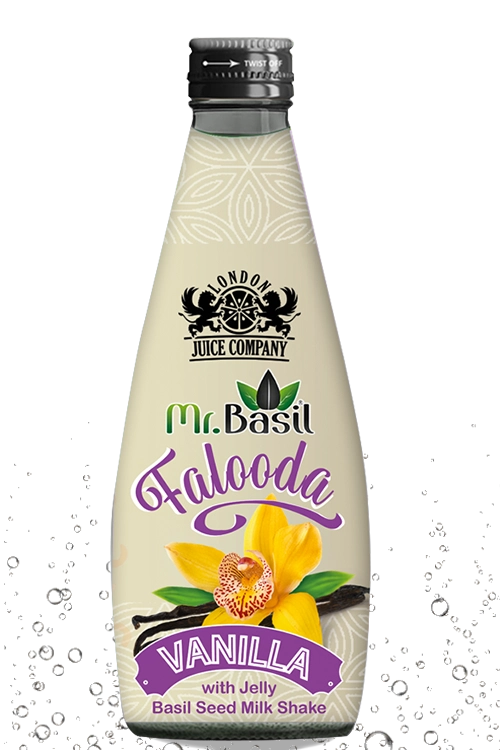 Vanilla falooda basil seed milk shake in 290ml bottle with cream design