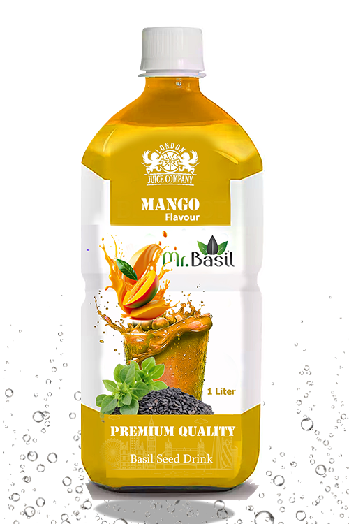 Mango basil seed drink in 1 liter bottle with yellow color