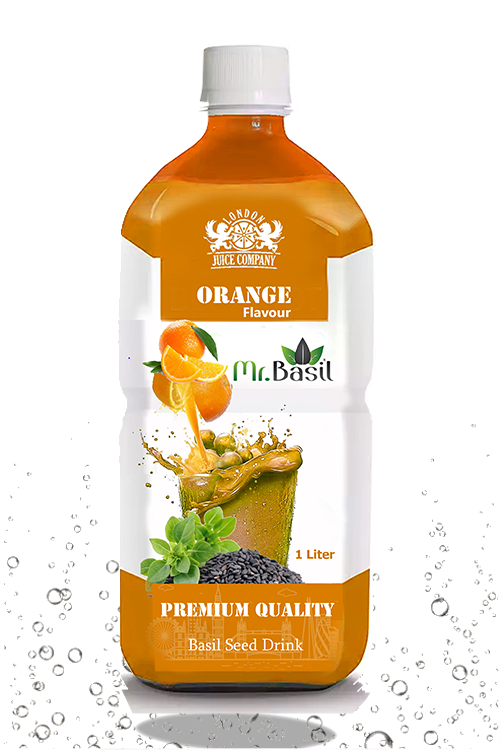 Orange basil seed drink in 1 liter bottle with orange color
