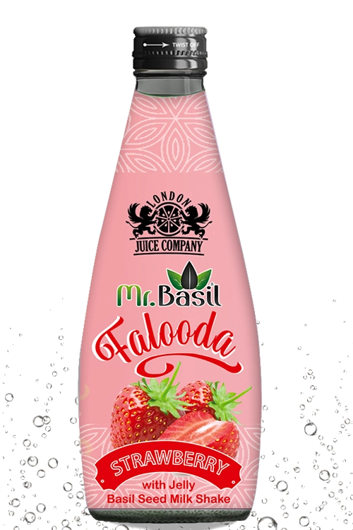 Strawberry falooda basil seed milk shake in 290ml bottle with pink design