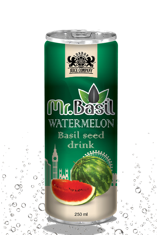 Watermelon basil seed drink in 250ml can with green design