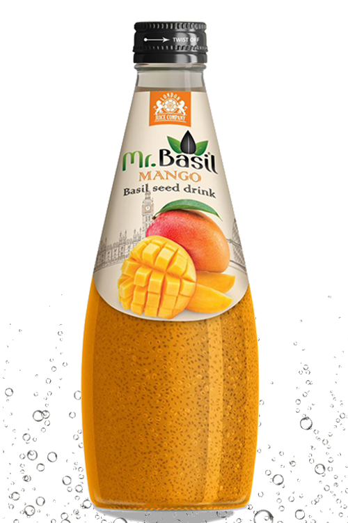 Mango basil seed drink in 290ml glass bottle with golden-orange beverage