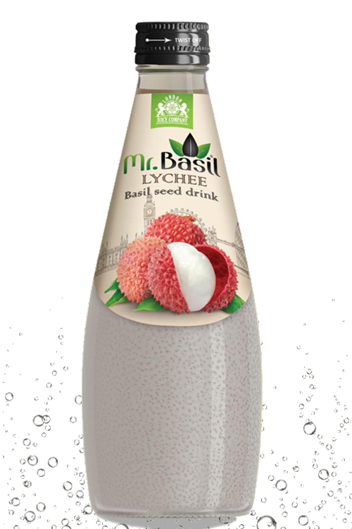 Lychee basil seed drink in 290ml glass bottle with white-pink beverage