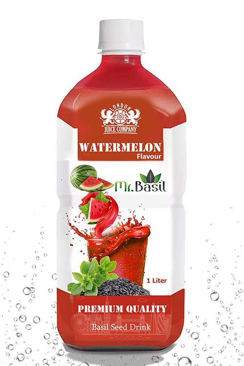 Watermelon basil seed drink in 1 liter bottle with red-orange color