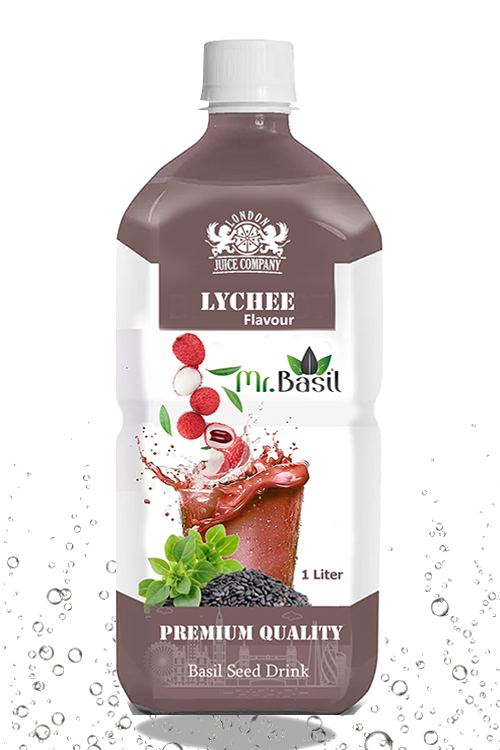 Lychee basil seed drink in 1 liter bottle with pink-purple color