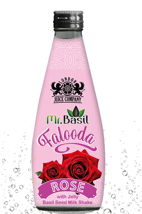 Rose falooda basil seed milk shake in 290ml bottle with pink design