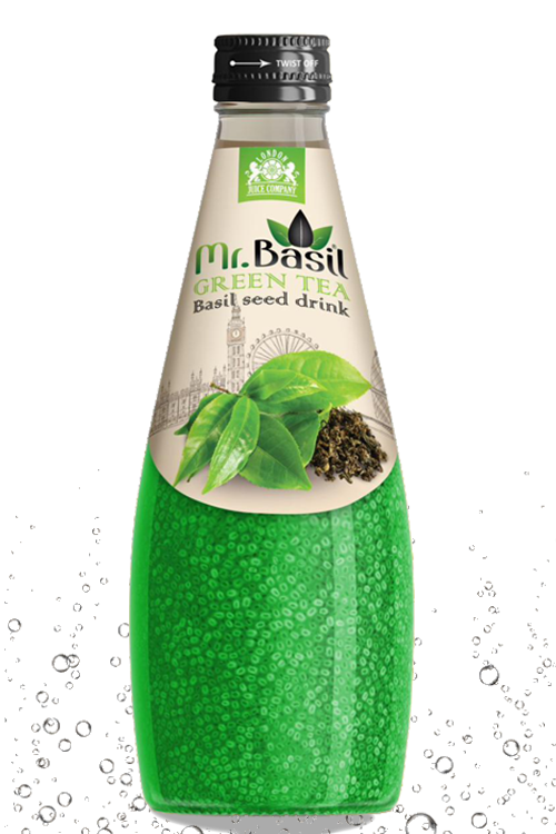 Green tea basil seed drink in 290ml glass bottle with green beverage