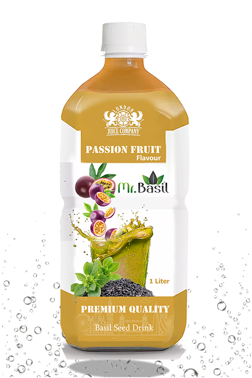 Passion fruit basil seed drink in 1 liter bottle with golden-yellow color