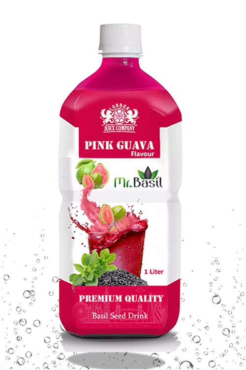Pink guava basil seed drink in 1 liter bottle with magenta-pink color