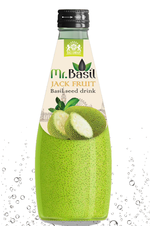 Jack fruit basil seed drink in 290ml glass bottle with lime-green beverage