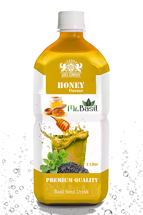 Honey basil seed drink in 1 liter bottle with golden color