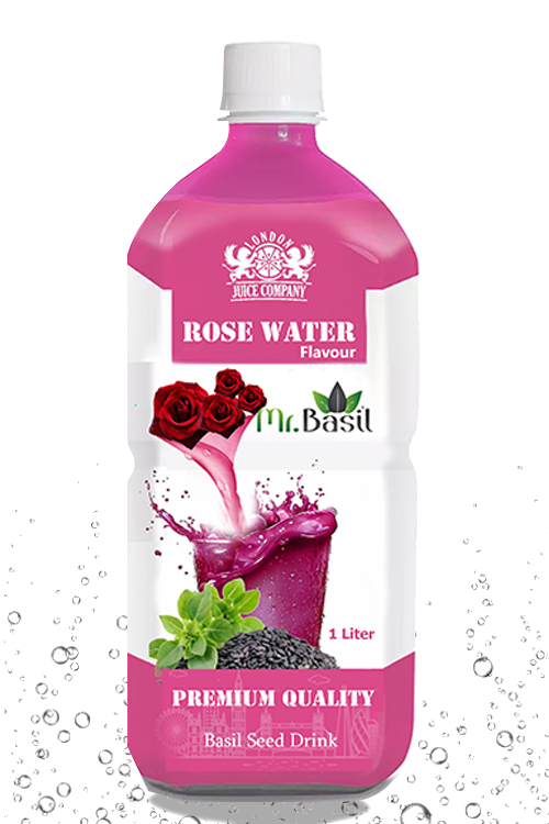 Rose water basil seed drink in 1 liter bottle with pink color