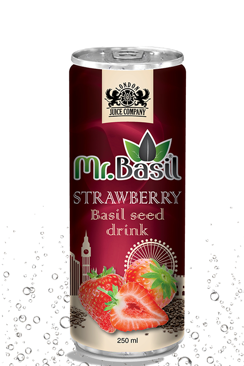 Strawberry basil seed drink in 250ml can with red design