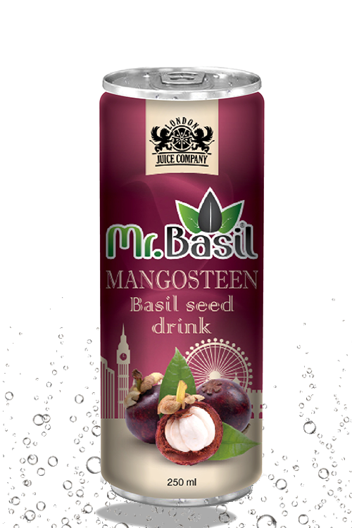Mangosteen basil seed drink in 250ml can with purple design and mangosteen imagery