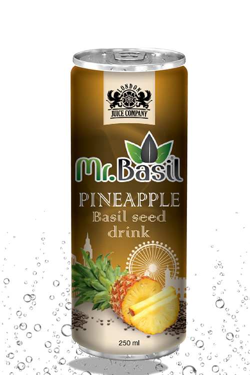Pineapple basil seed drink in 250ml can with brown design