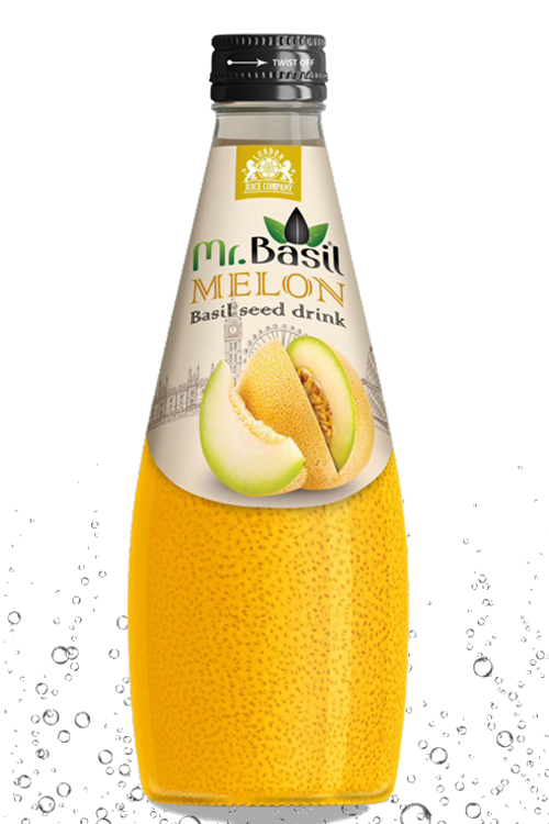 Melon basil seed drink in 290ml glass bottle with yellow beverage