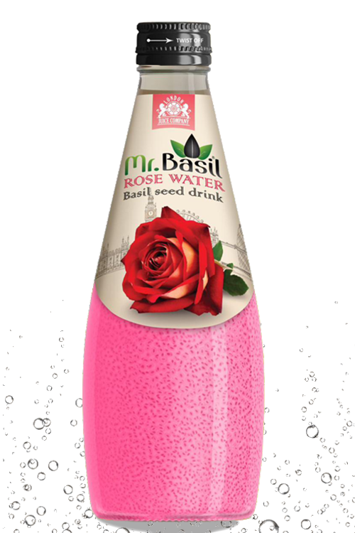 Rose water basil seed drink in 290ml bottle with pink liquid and visible seeds