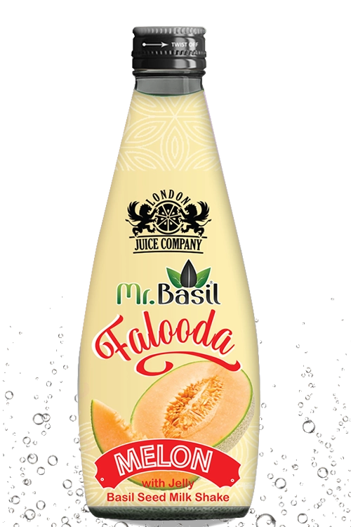 Melon falooda basil seed milk shake in 290ml bottle with yellow design