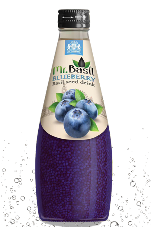 Blueberry basil seed drink in 290ml glass bottle with purple beverage