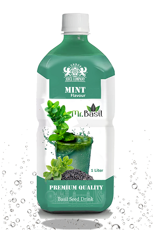 Mint basil seed drink in 1 liter bottle with teal-green color