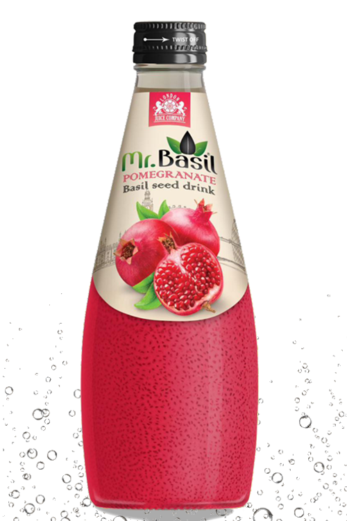 Pomegranate basil seed drink in 290ml glass bottle with red beverage