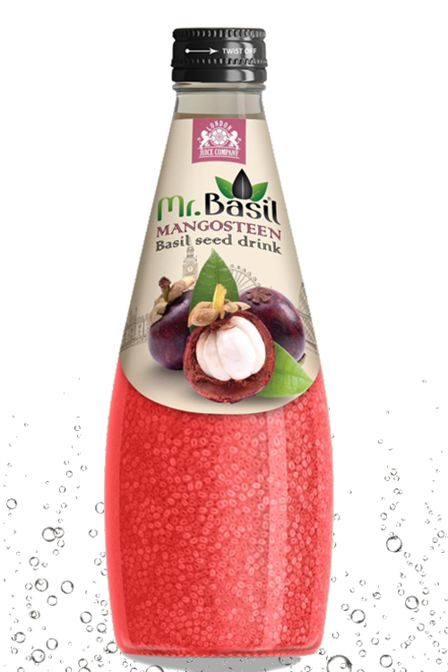 Mangosteen basil seed drink in 290ml glass bottle with pink-red beverage