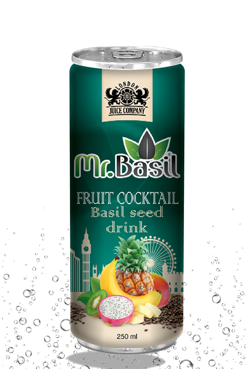 Fruit cocktail basil seed drink in 250ml can with teal design
