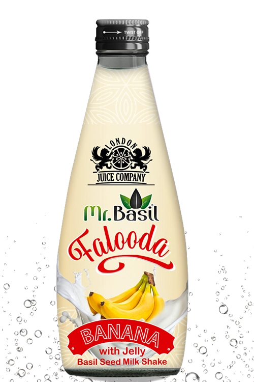 Banana falooda basil seed milk shake in 290ml bottle with cream design
