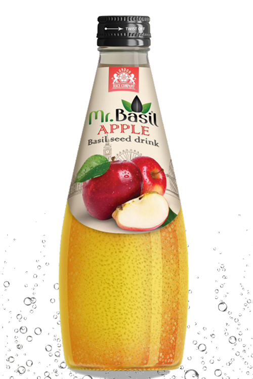 Apple basil seed drink in 290ml glass bottle with yellow beverage