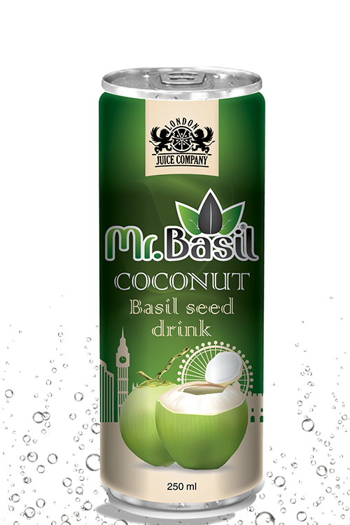 Coconut basil seed drink in 250ml can with green design