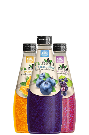 Mr Basil 290ml glass bottle basil seed drinks in mango, blueberry and grape flavors with visible basil seeds