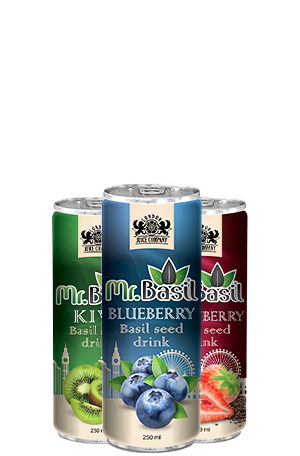 Mr Basil 250ml basil seed drink cans in kiwi, blueberry and strawberry flavors - wholesale basil drink supplier
