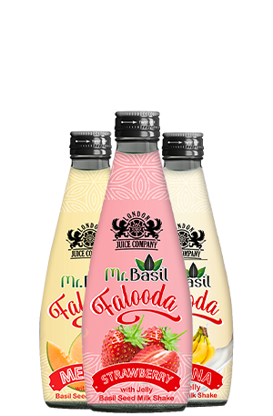 Mr Basil Falooda 290ml glass bottles with jelly - banana, strawberry and melon basil seed milk shake flavors.