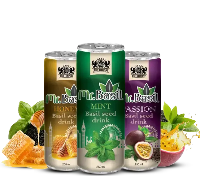 Mr Basil 250ml basil seed drinks in Honey, Mint, and Passion flavours displayed with fresh ingredients.
