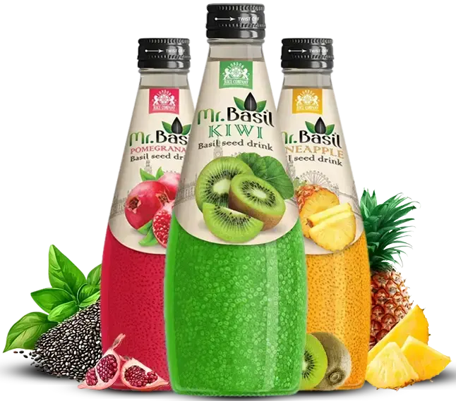 Mr Basil basil seed drinks in pomegranate, kiwi, and pineapple flavours with fresh fruits.