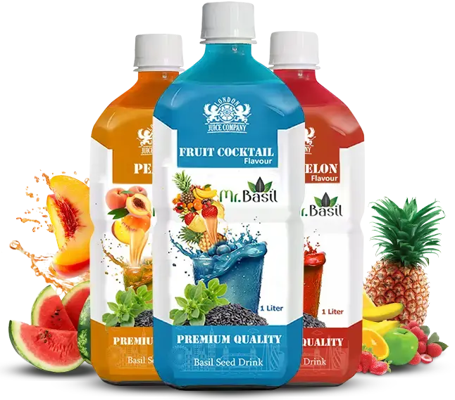 Premium-quality Mr. Basil 1-liter basil seed drinks in multiple tropical fruit flavors.