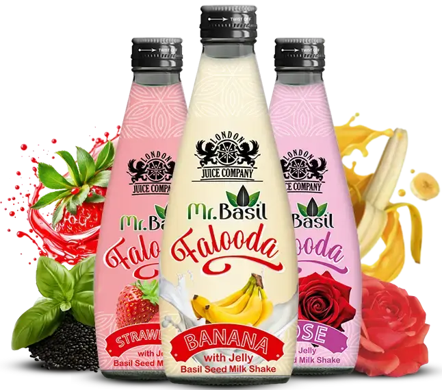 Mr Basil Falooda milkshakes in Strawberry, Banana, and Rose flavours with fresh ingredients.