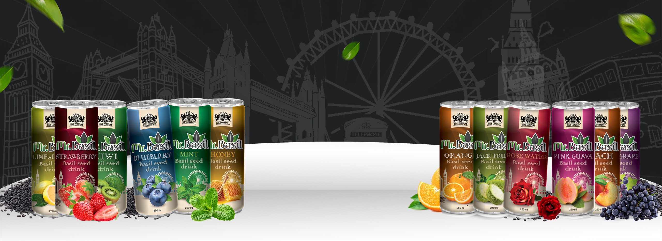 An array of colorful Mr. Basil basil seed drink cans with flavors like lime & strawberry, kiwi, blueberry, mint, honey, orange, jackfruit, and grape, set against an illustrated London city silhouette.